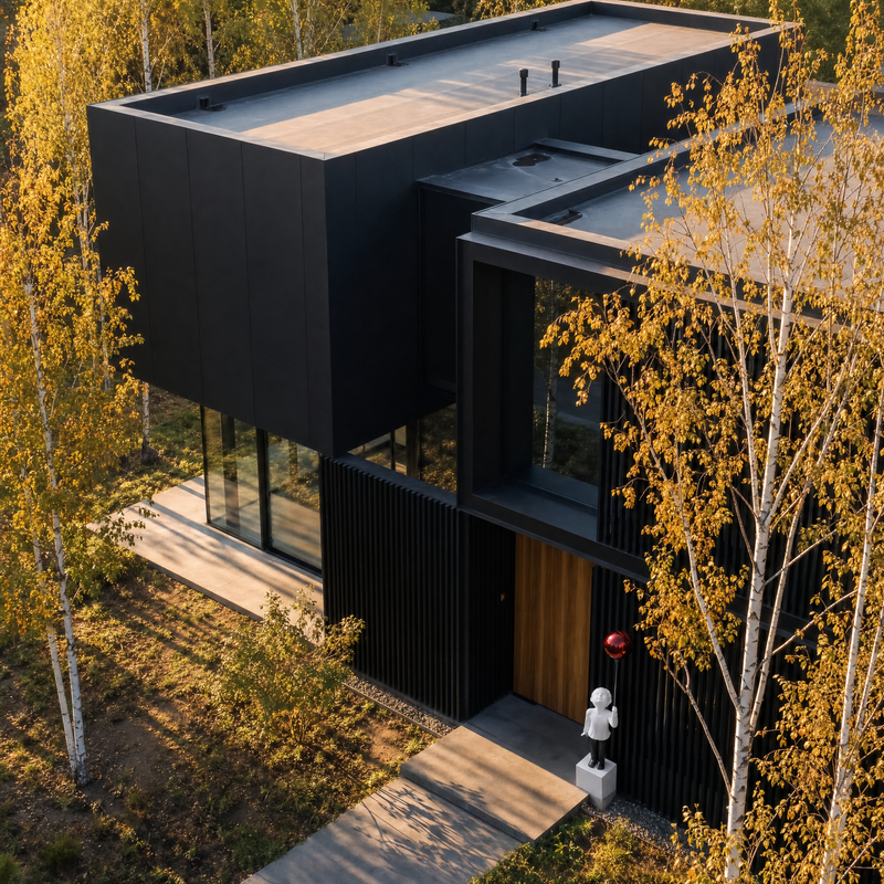 High angle view of the AeroCherub sculpture on its marble base near a modern house entrance, black slatted wall and oak door visible, autumn birch trees beyond.