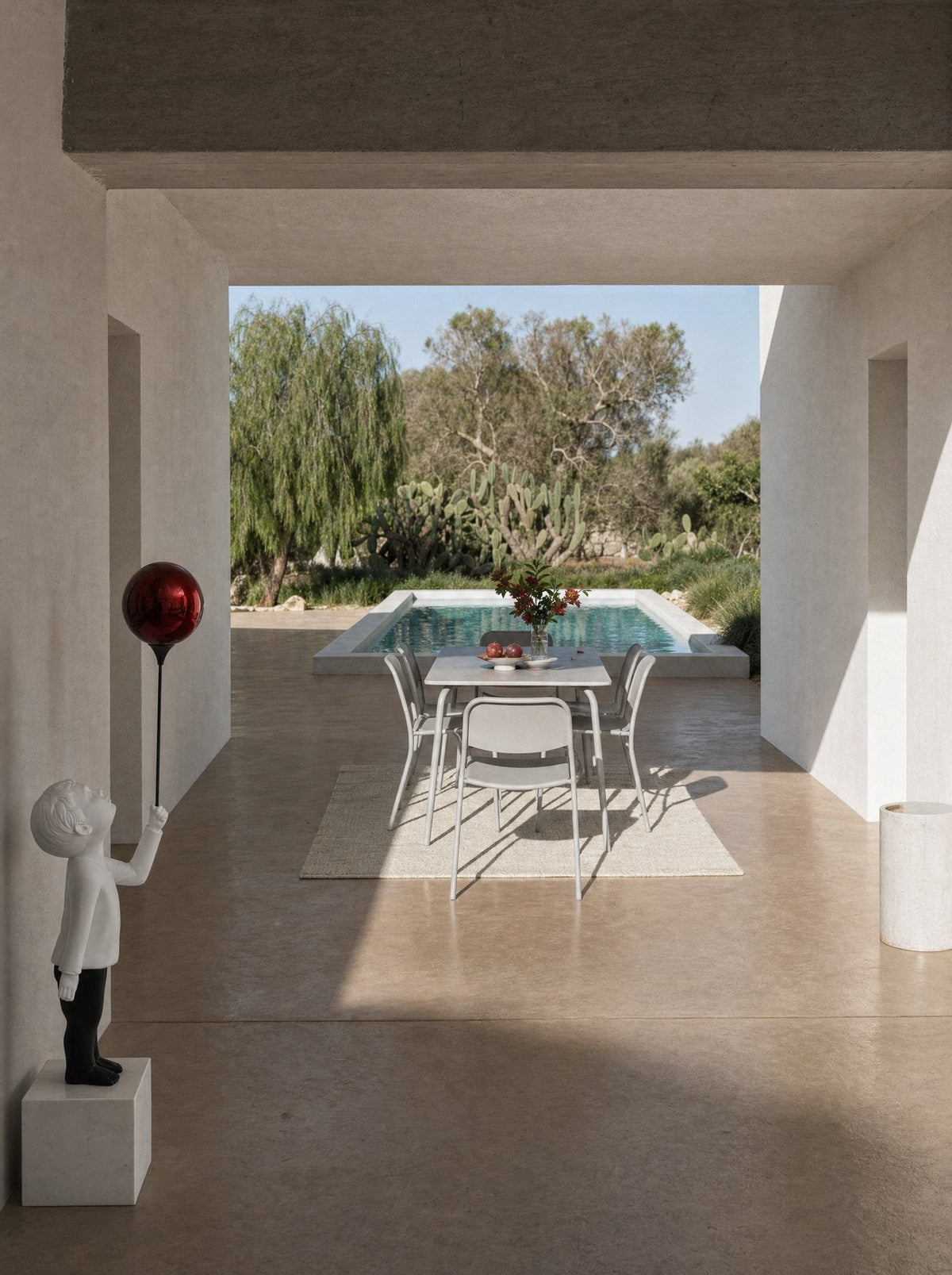 A hallway threshold looking out to a swimming pool and wild garden with cacti and olive trees beyond, an AeroCherub sculpture on a small pedestal in the left foreground, partly cut by the wall edge, facing the garden.