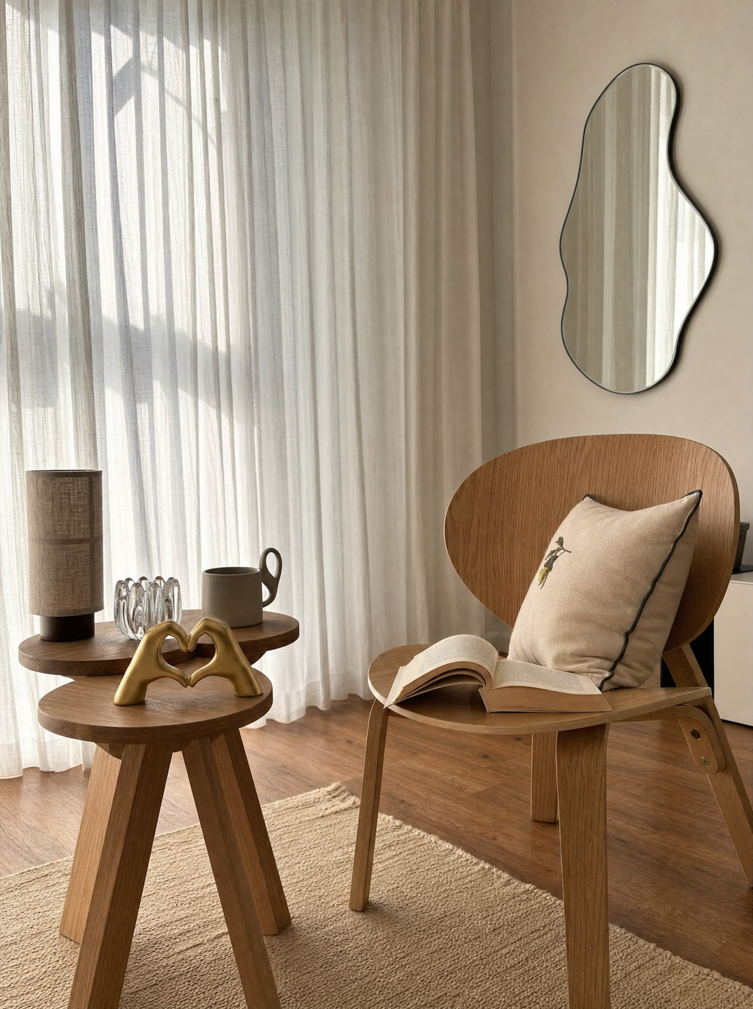 Gold AmorSignum sculpture, hands forming a heart, on a side table by sheer curtains