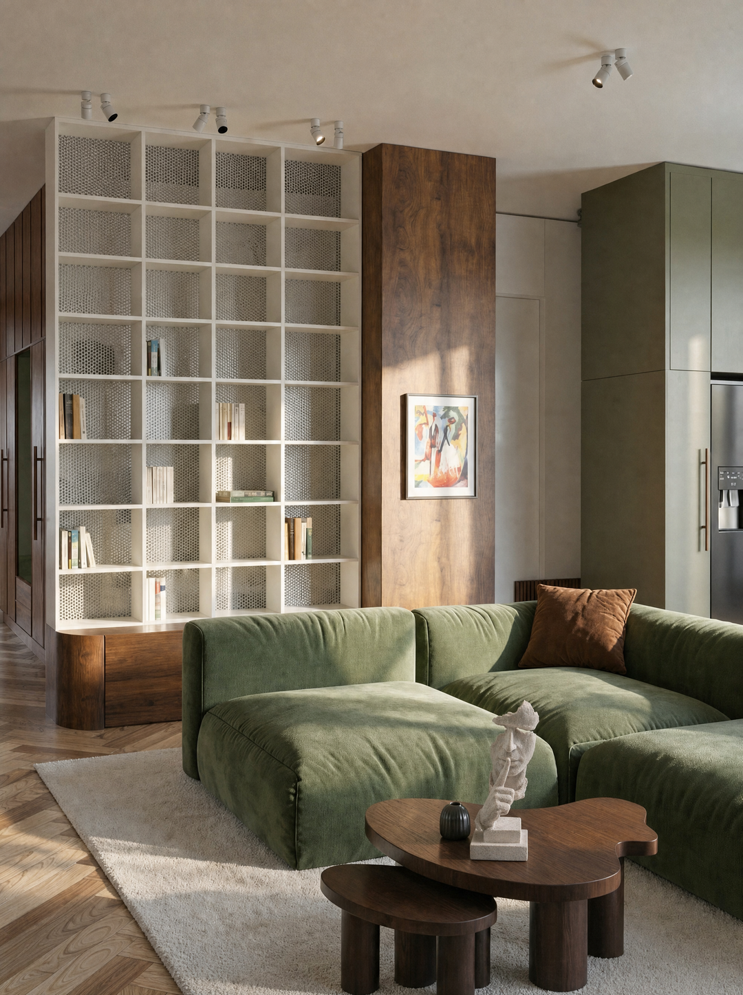 SilentMuse sculpture in a living room with a green sofa