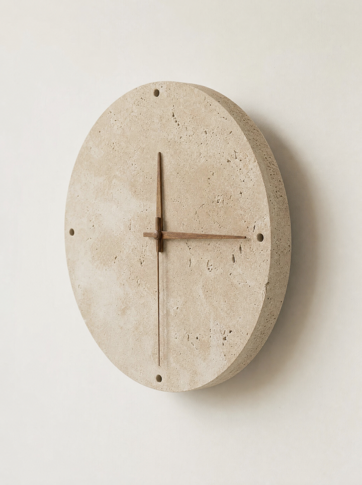 Adagio travertine wall clock, three-quarter left angle view