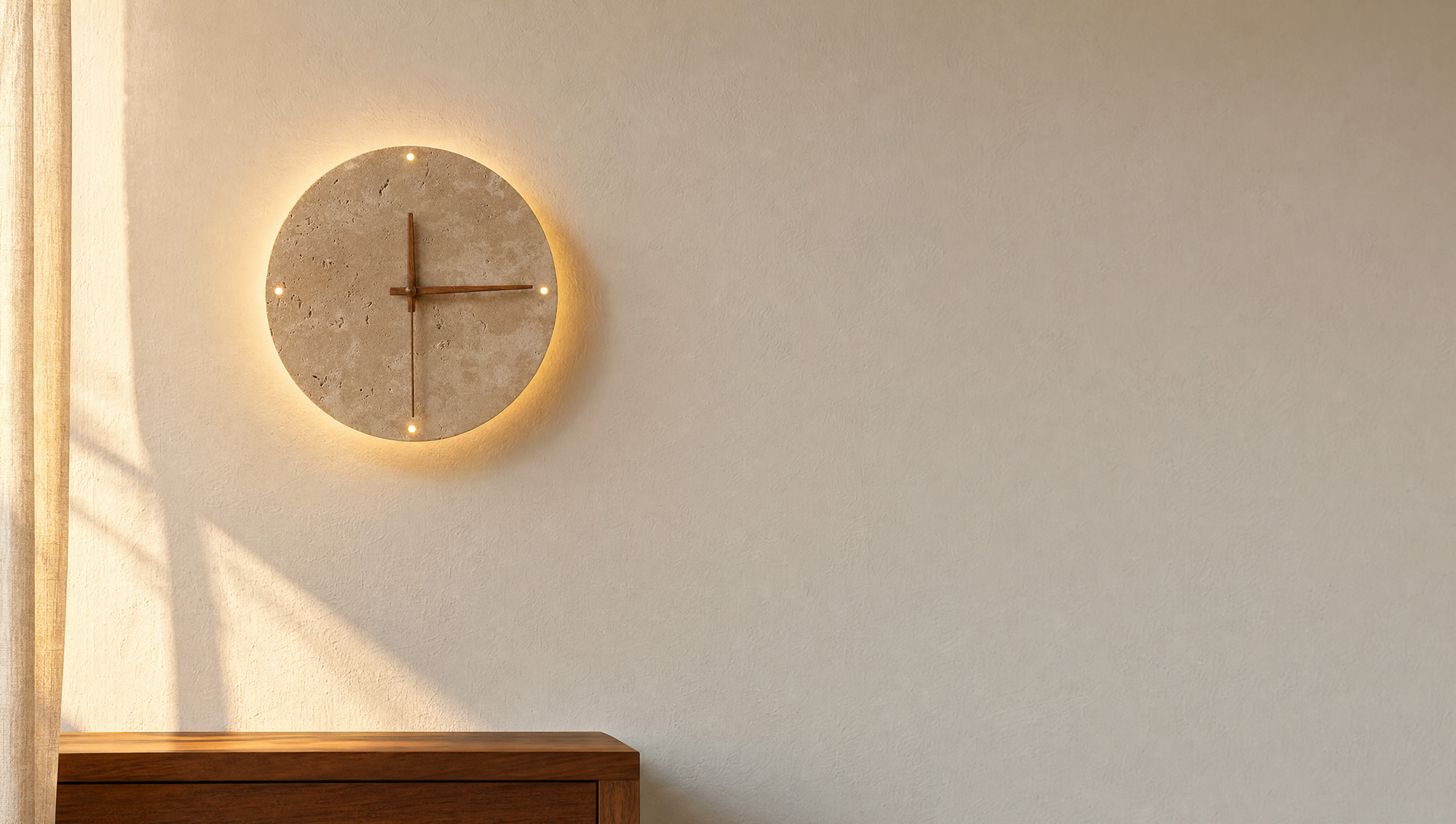 Adagio travertine wall clock and lamp lit on a sunlit plaster wall beside a linen curtain