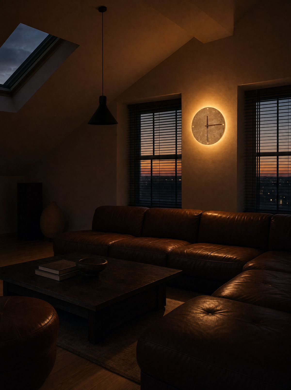 Adagio travertine wall clock at dusk, hung between two shuttered windows in an attic room, warm light spilling through its four openings onto the wall and reaching a leather sofa