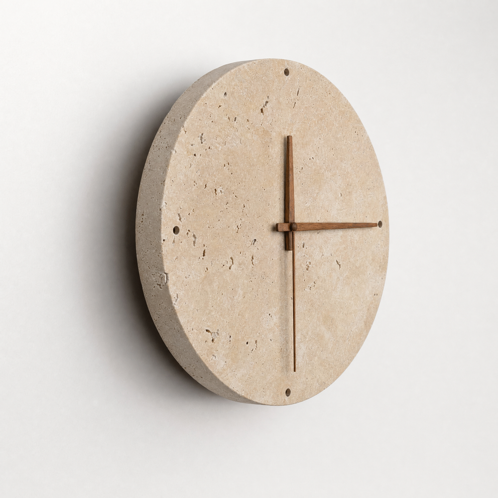 Adagio travertine wall clock, three-quarter