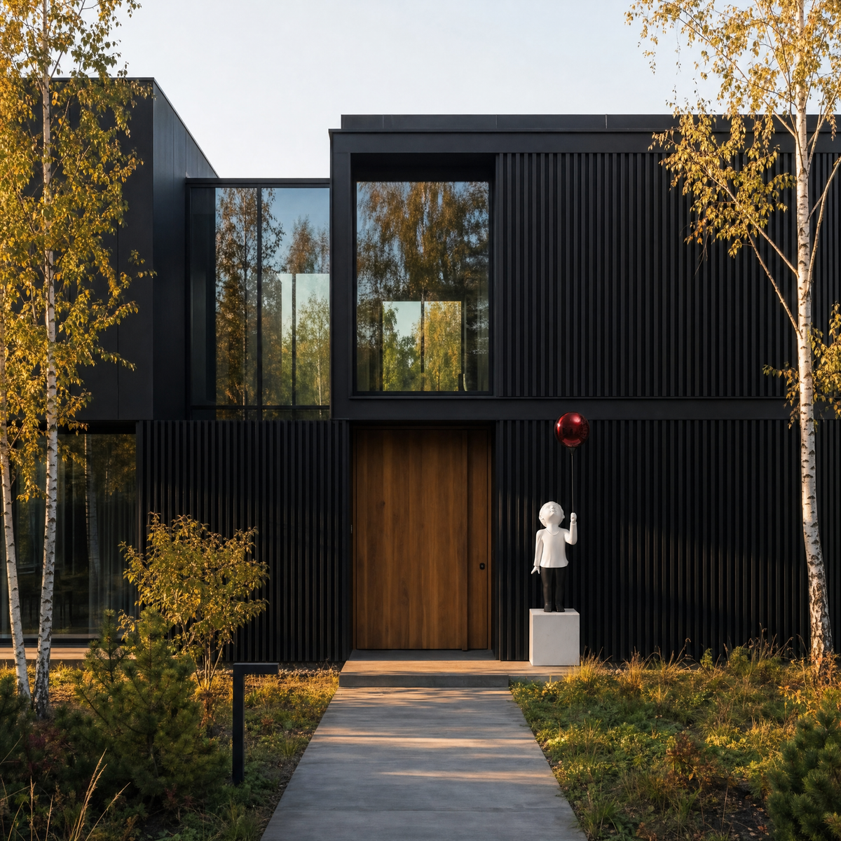AeroCherub sculpture on a white marble base, standing against a black slatted wood wall beside an oak front door, holding a red sphere on a black rod.