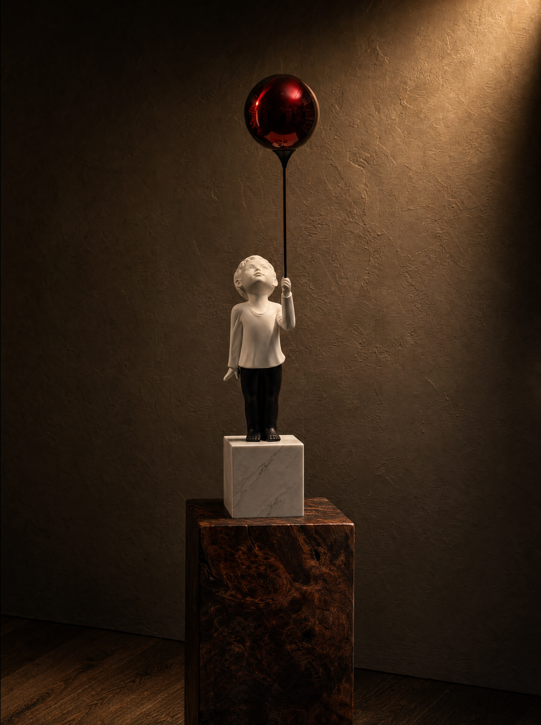 AeroCherub Digital Folklore — sculpture in museum nocturnal interior with warm tungsten chiaroscuro and brass patina
