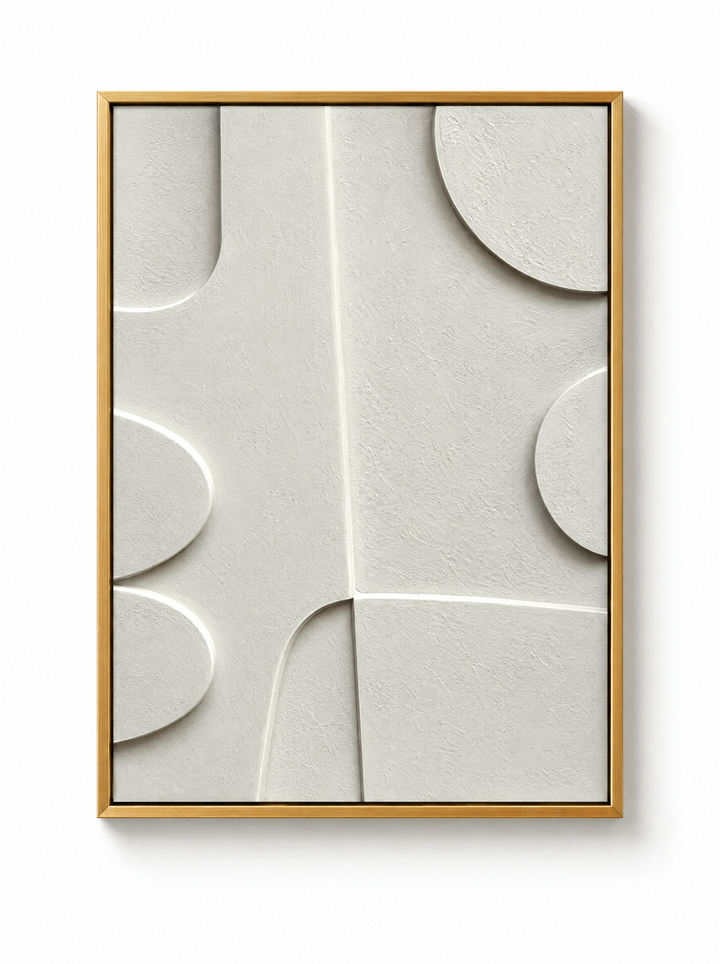 Curva Arco wall relief in ivory with half rounds along a center band, gold frame
