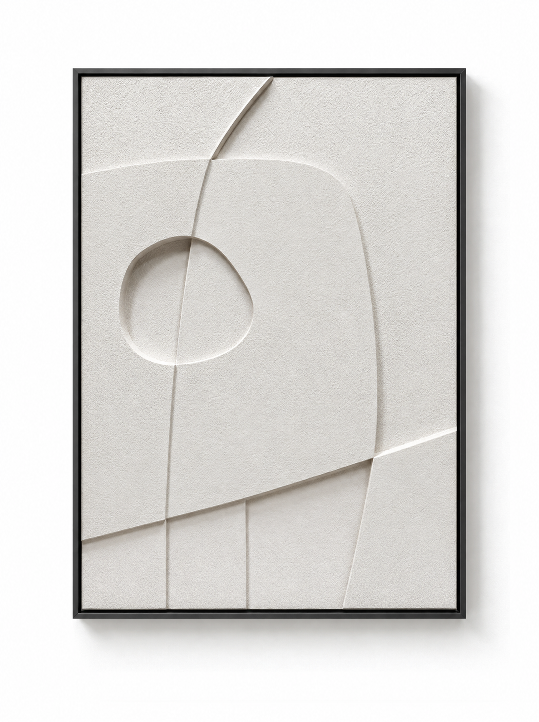 Curva Orma wall relief in ivory with a round hollow, black frame