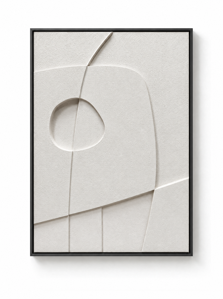Curva Orma wall relief in ivory with a round hollow, black frame