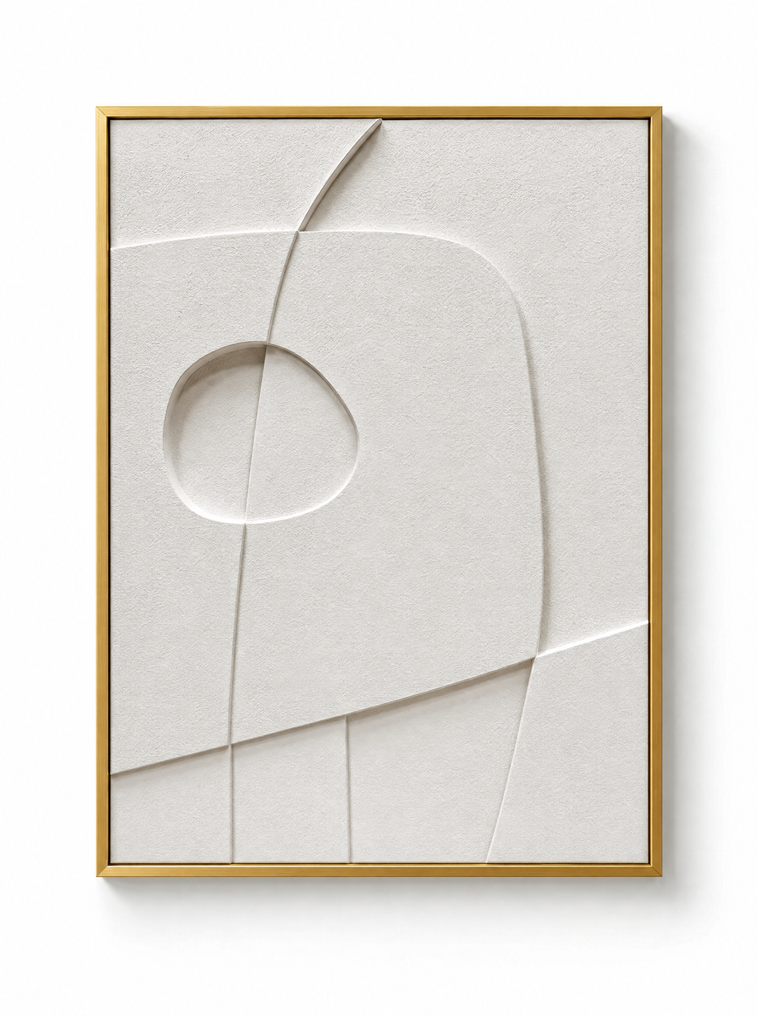 Curva Orma wall relief in ivory with a round hollow, gold frame
