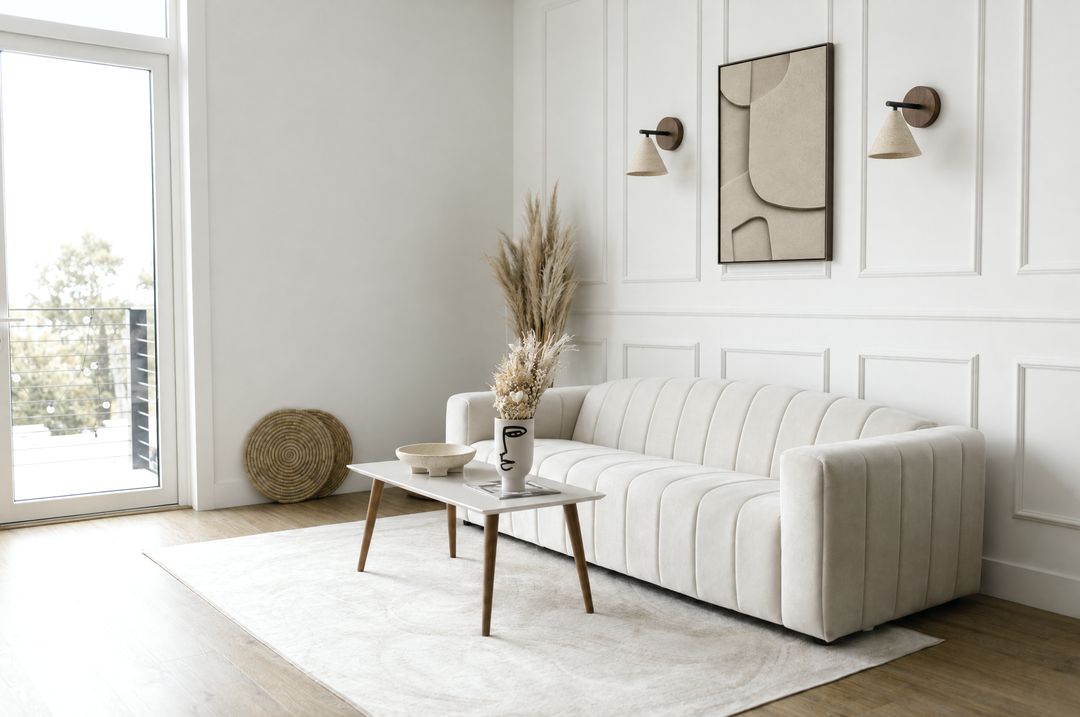 Curva Sasso above a cream sofa on a white paneled wall