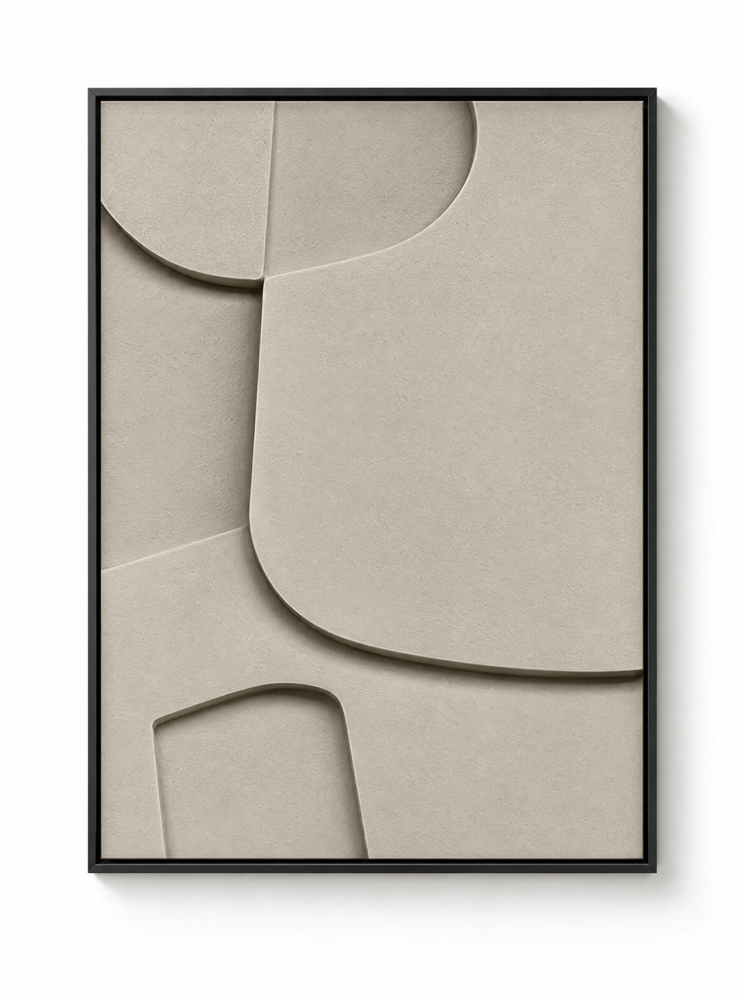 Curva Sasso wall relief in warm greige with layered rounded slabs, black frame
