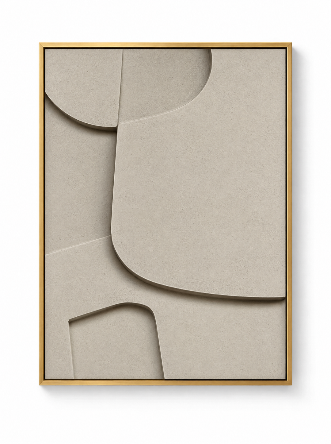 Curva Sasso wall relief in warm greige with layered rounded slabs, gold frame