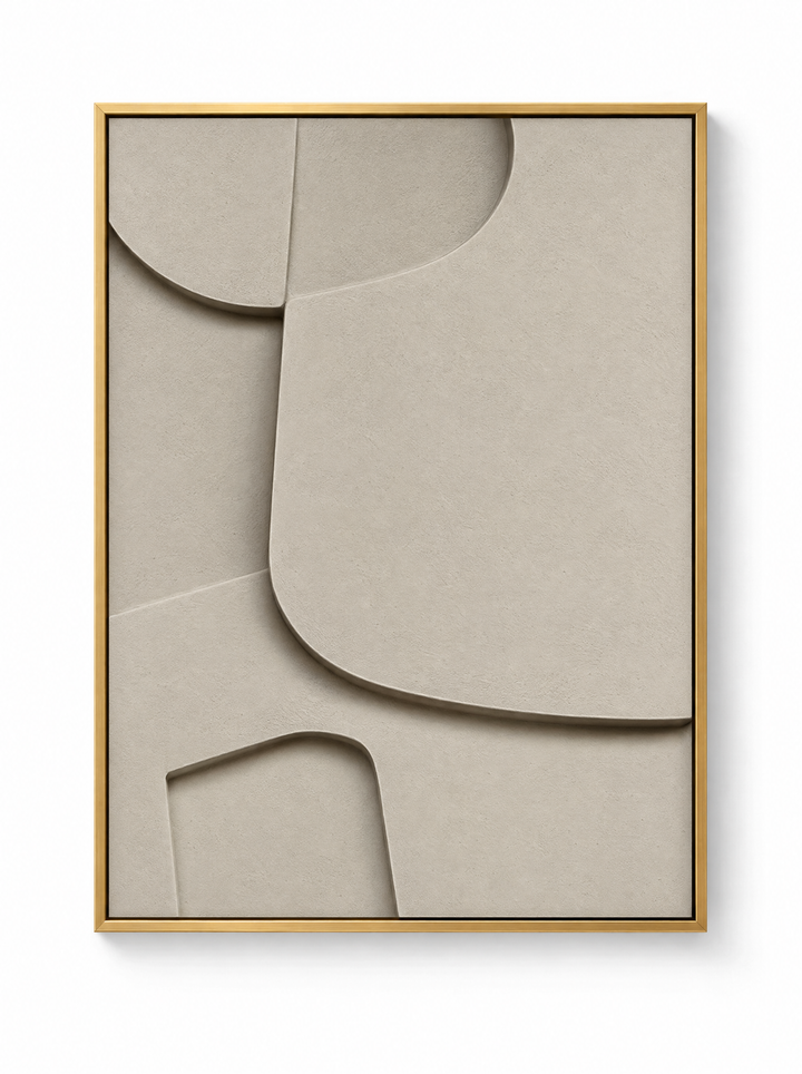 Curva Sasso wall relief in warm greige with layered rounded slabs, gold frame