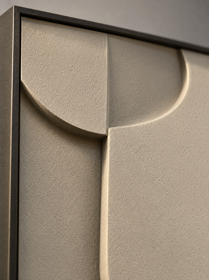 Close view of Curva Sasso, layered rounded slabs with a soft shadow along each curved edge