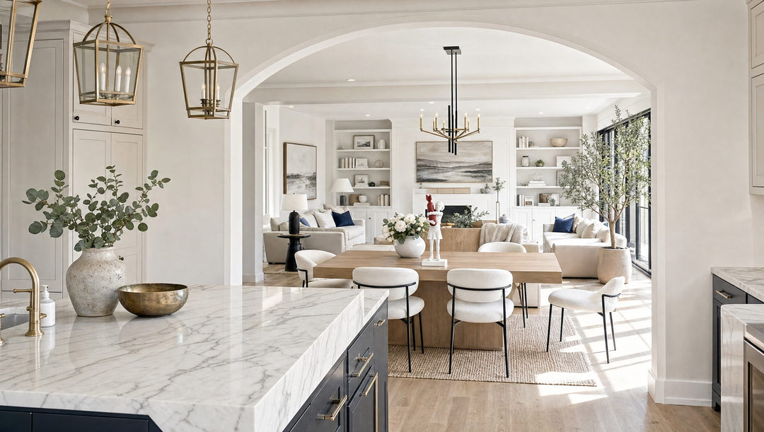 Disarm through an archway, open floor plan, wide view
