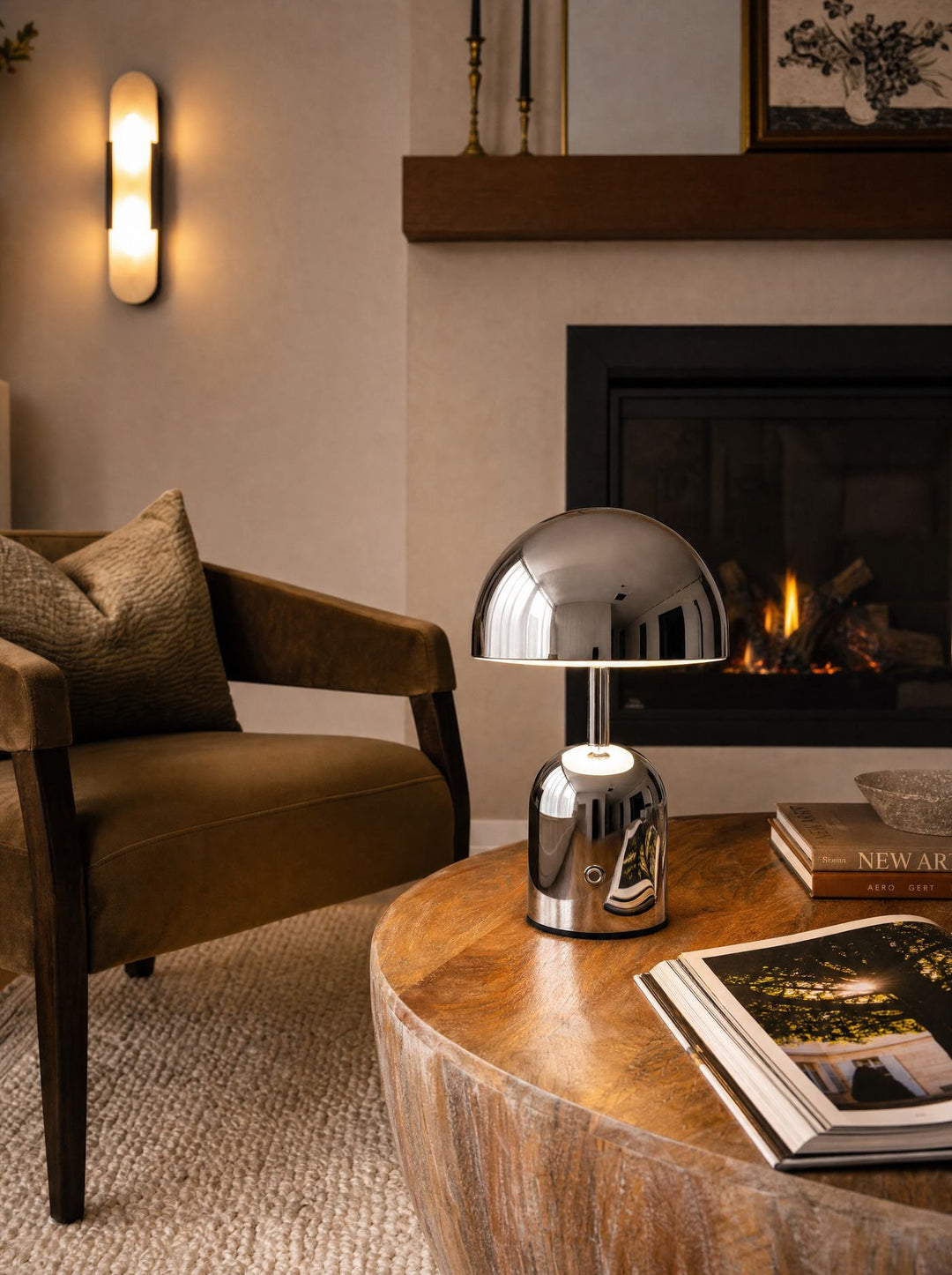 Silver Vespers lamp lit beside a fireplace in the evening