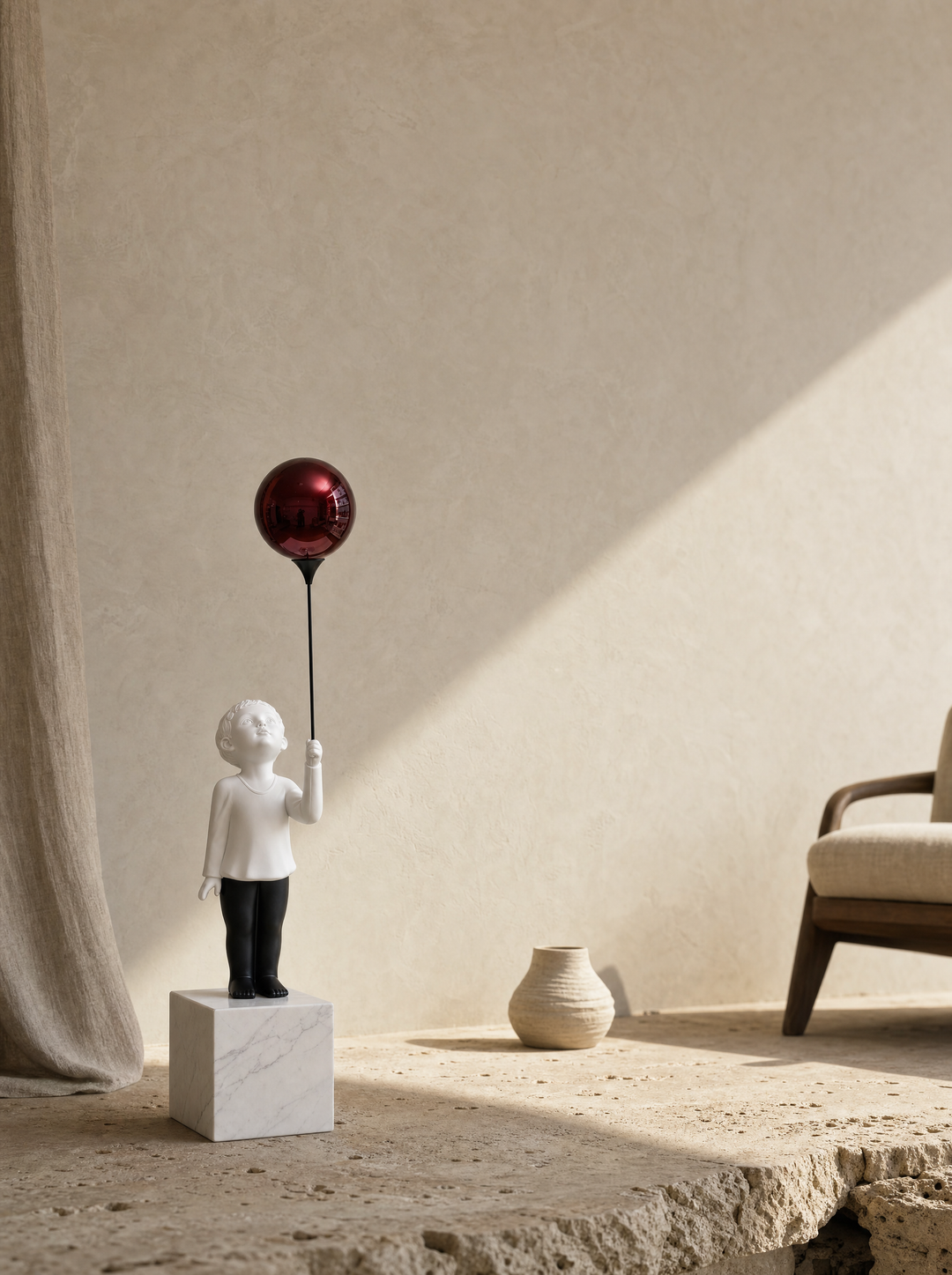 AeroCherub Five Pillars of Soft Minimal — sculpture in editorial interior with travertine, limewash, linen