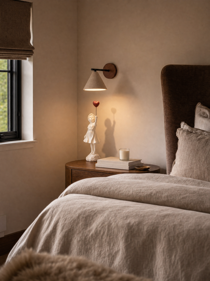 Fonte wall lamp above a bedside table lighting the Ascend sculpture