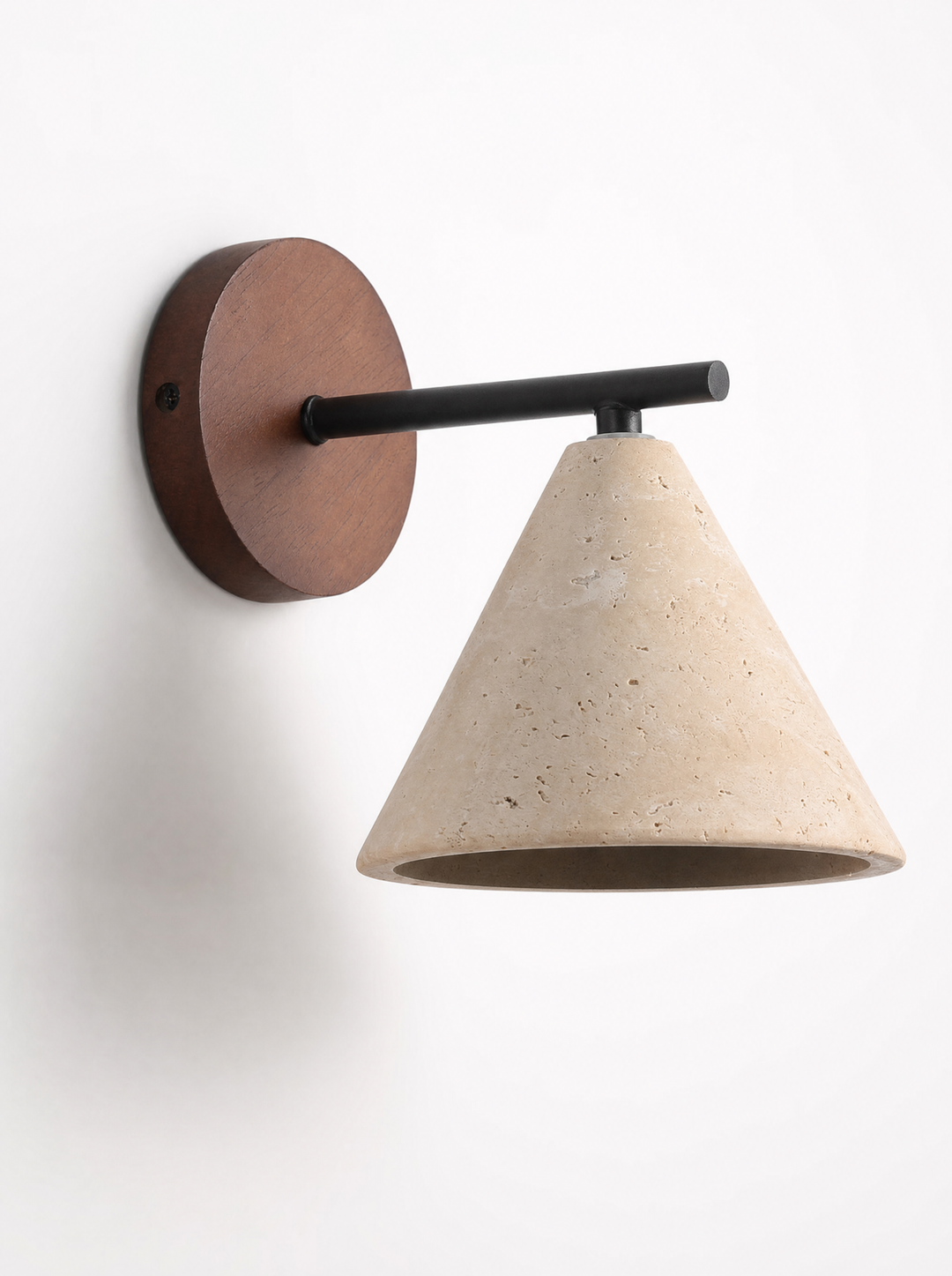 Fonte wall lamp, travertine stone shade with walnut base
