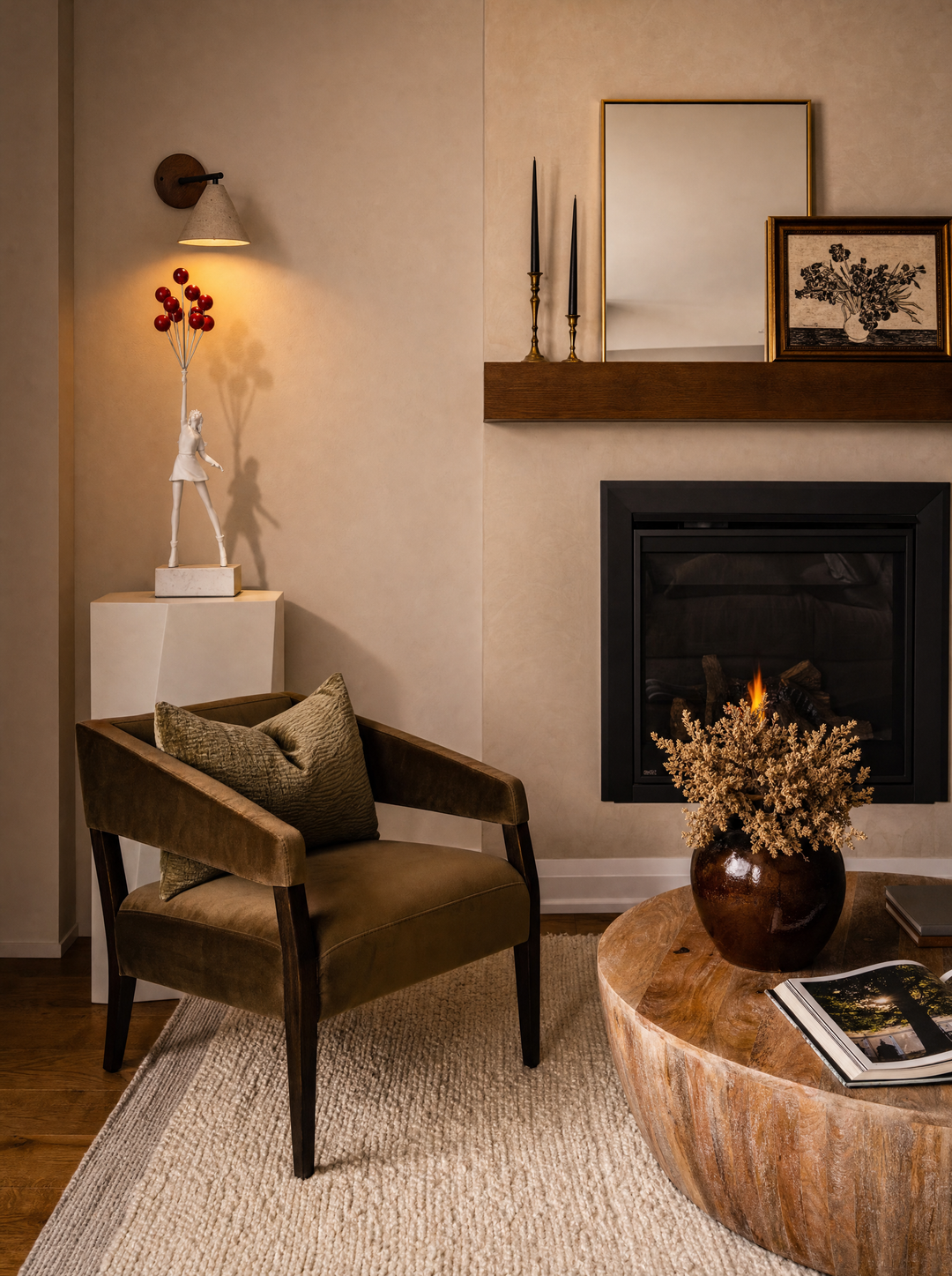 Fonte wall lamp lit above an Elevate sculpture