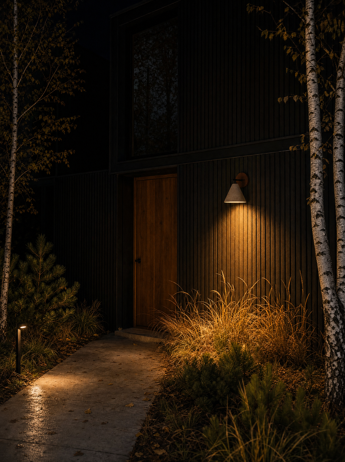 Fonte wall lamp at night, warm light falling over ornamental grasses