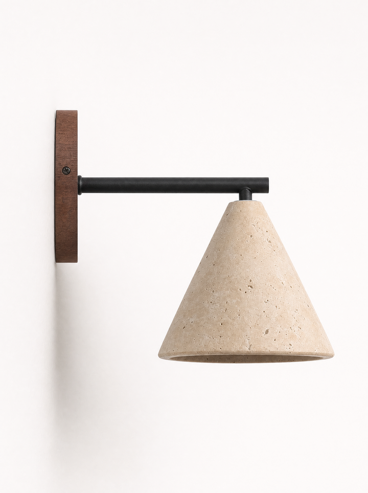 Fonte wall lamp side profile, walnut plate and blackened iron arm