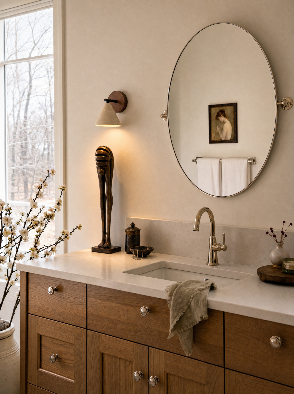 A bathroom vanity lit by a Fonte wall lamp, The Echo sculpture standing beside the basin