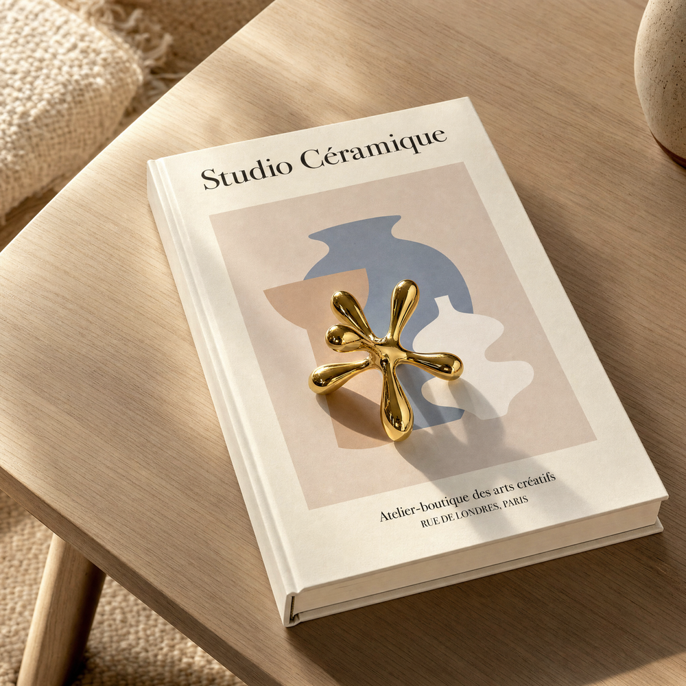 Polished gold Tali jack sculpture resting on the Studio Céramique display book on a wood table, with a woven cushion and a ceramic vase nearby.