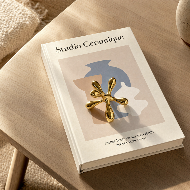 Polished gold Tali jack sculpture resting on the Studio Céramique display book on a wood table, with a woven cushion and a ceramic vase nearby.