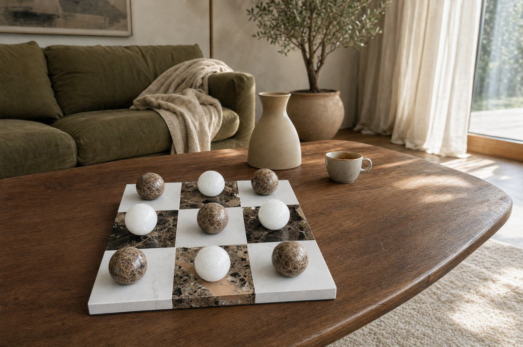 Lapilli marble tic-tac-toe board with nine stone spheres