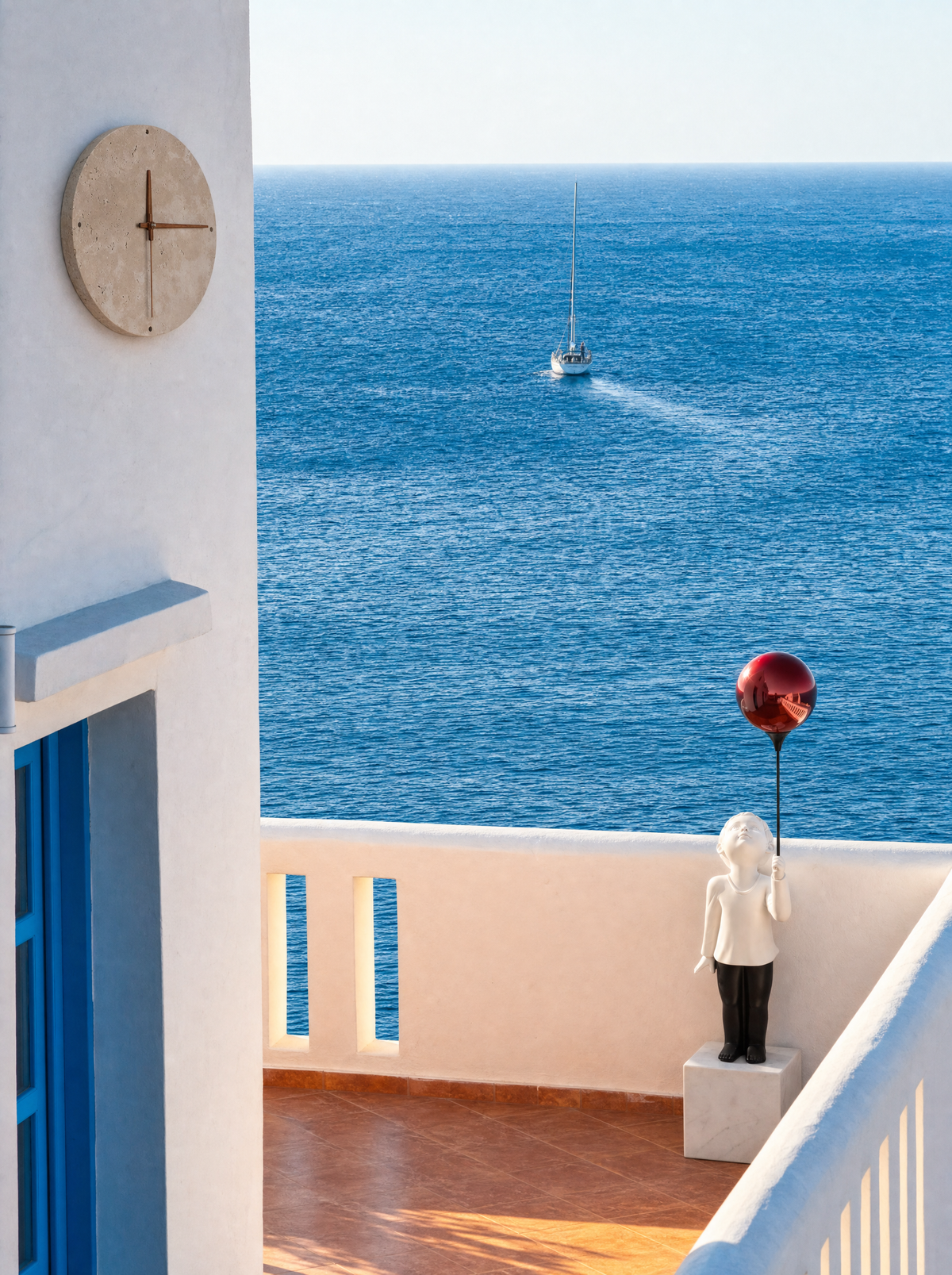 Adagio wall clock and AeroCherub on a white terrace above the sea
