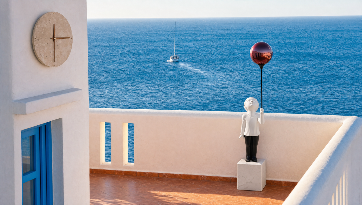 AeroCherub on a seaside terrace, Adagio wall clock on the white wall