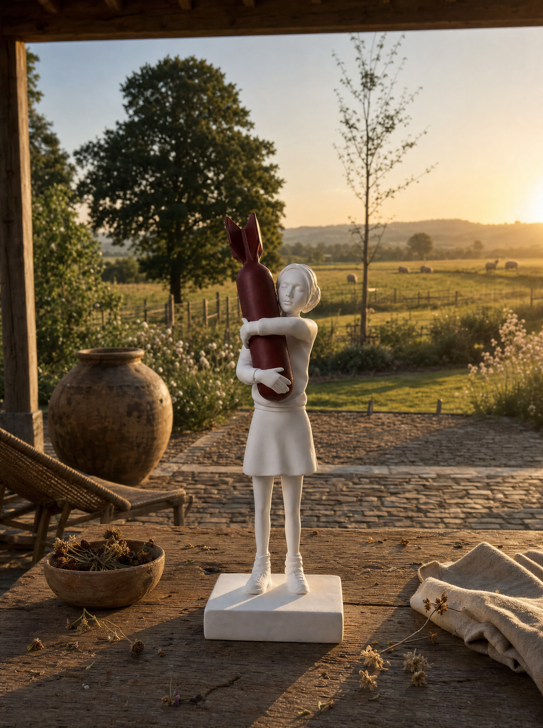 Disarm sculpture on a farmhouse table at sunset, fields and sheep behind
