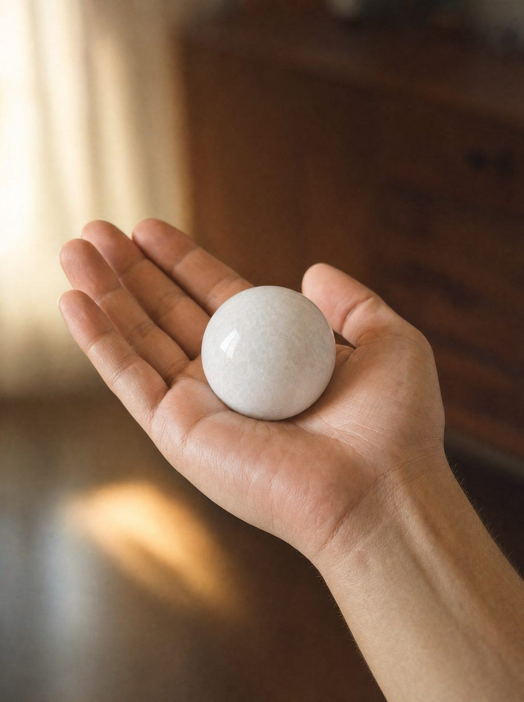 A pale Lapilli marble sphere resting in an open hand