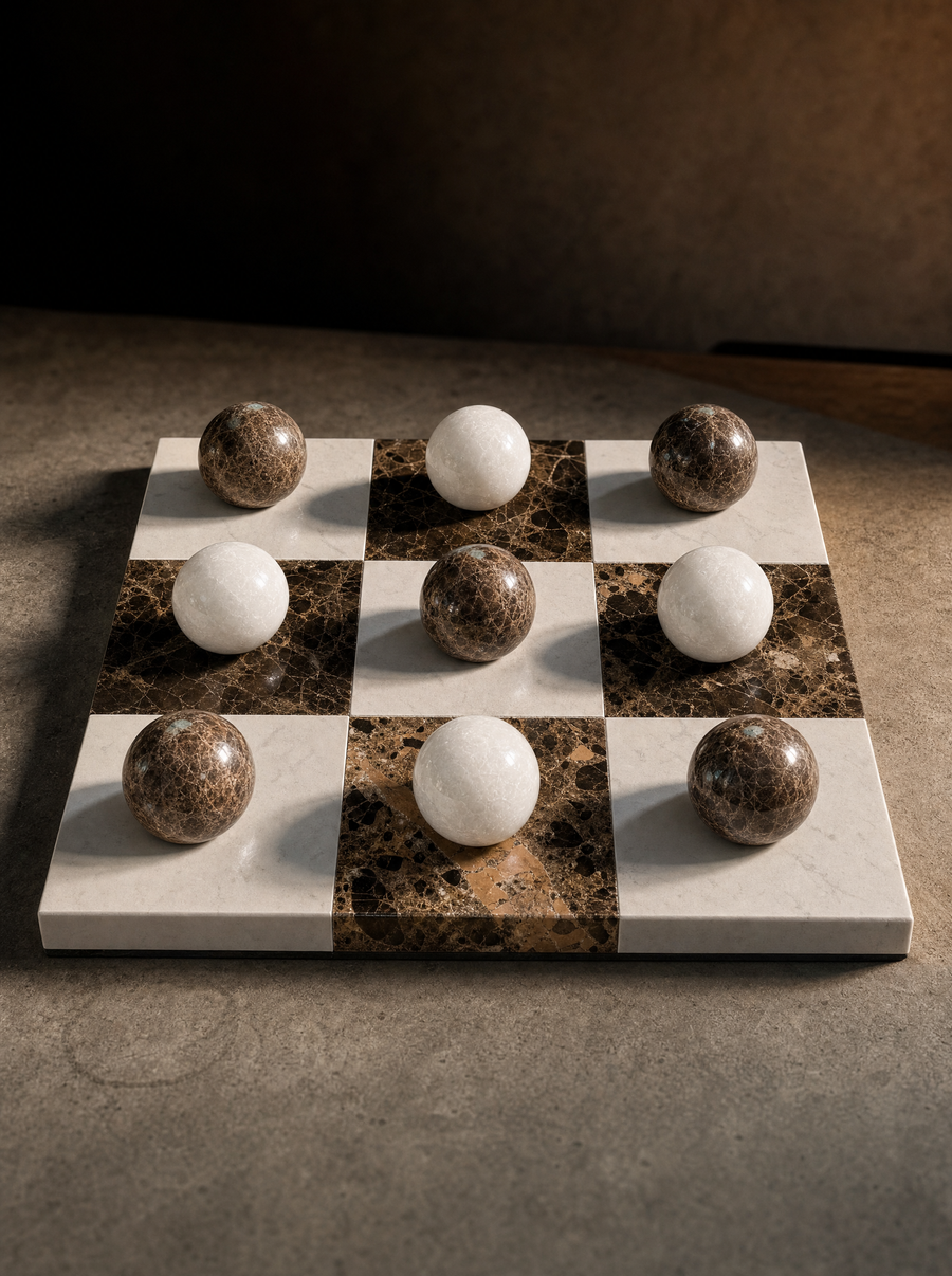 Angled view of the Lapilli marble board with all nine spheres set out.
