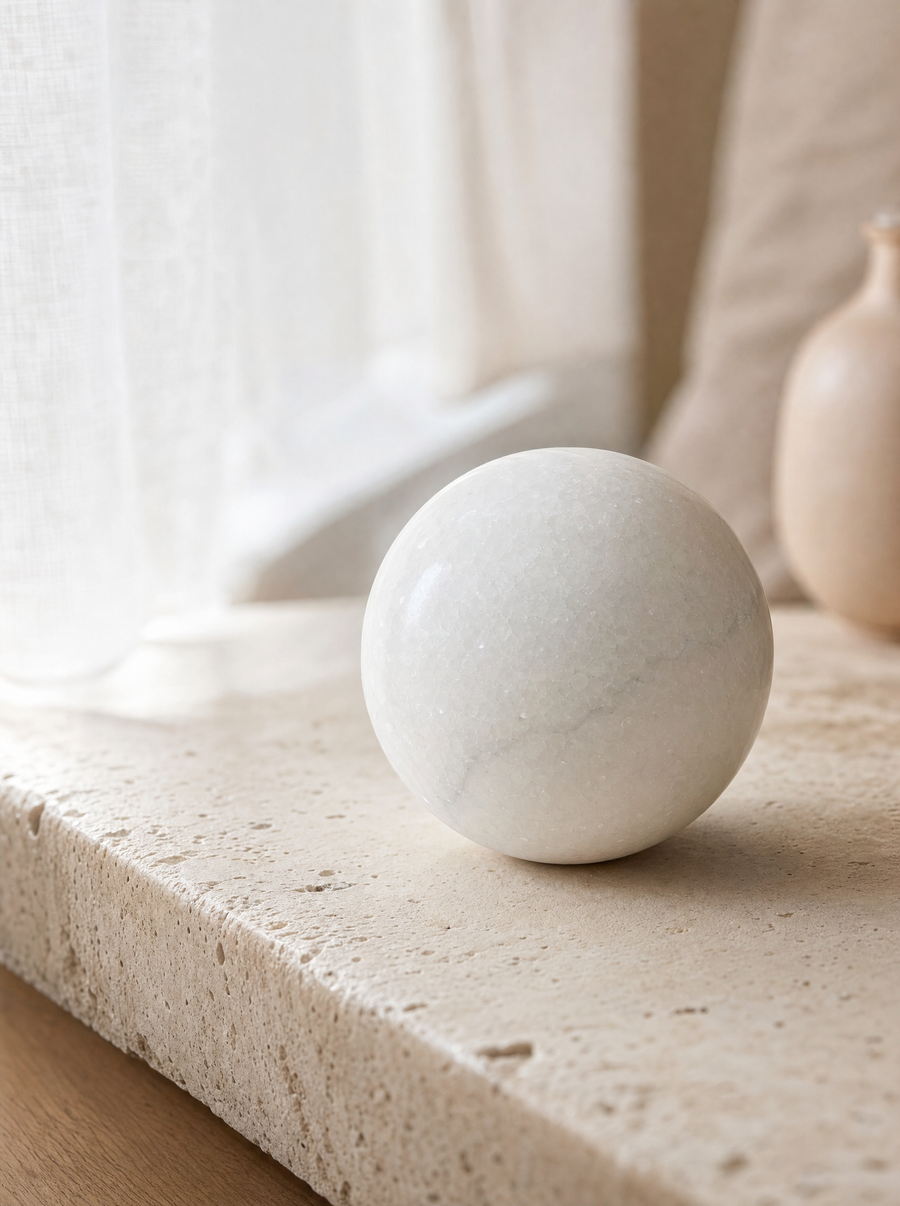 Macro detail of a single pale marble sphere in soft window light.