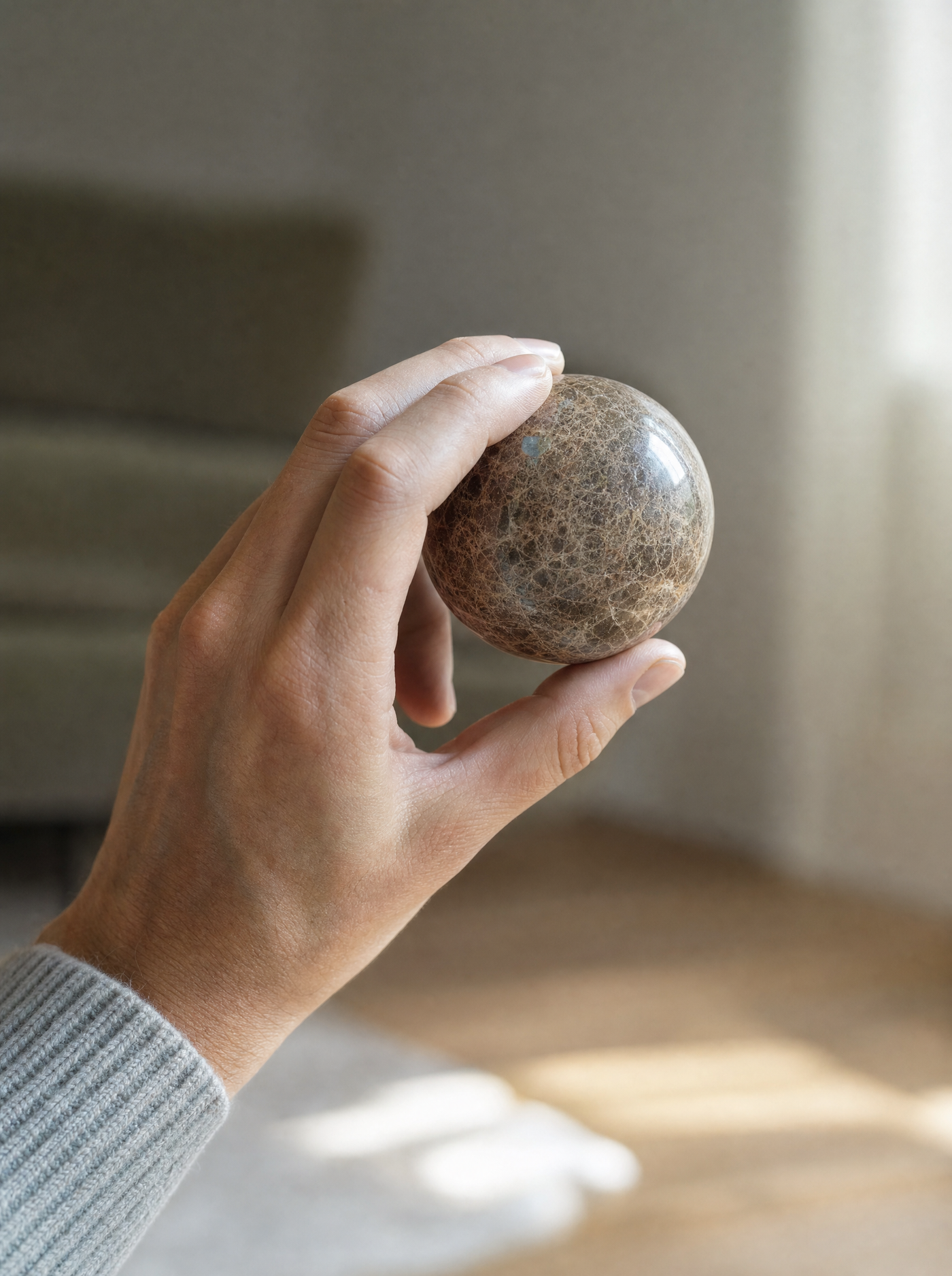 Macro detail of a hand holding a single Lapilli marble sphere.