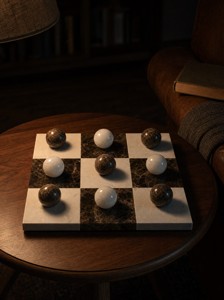 Lapilli board on a side table under lamplight in the evening.