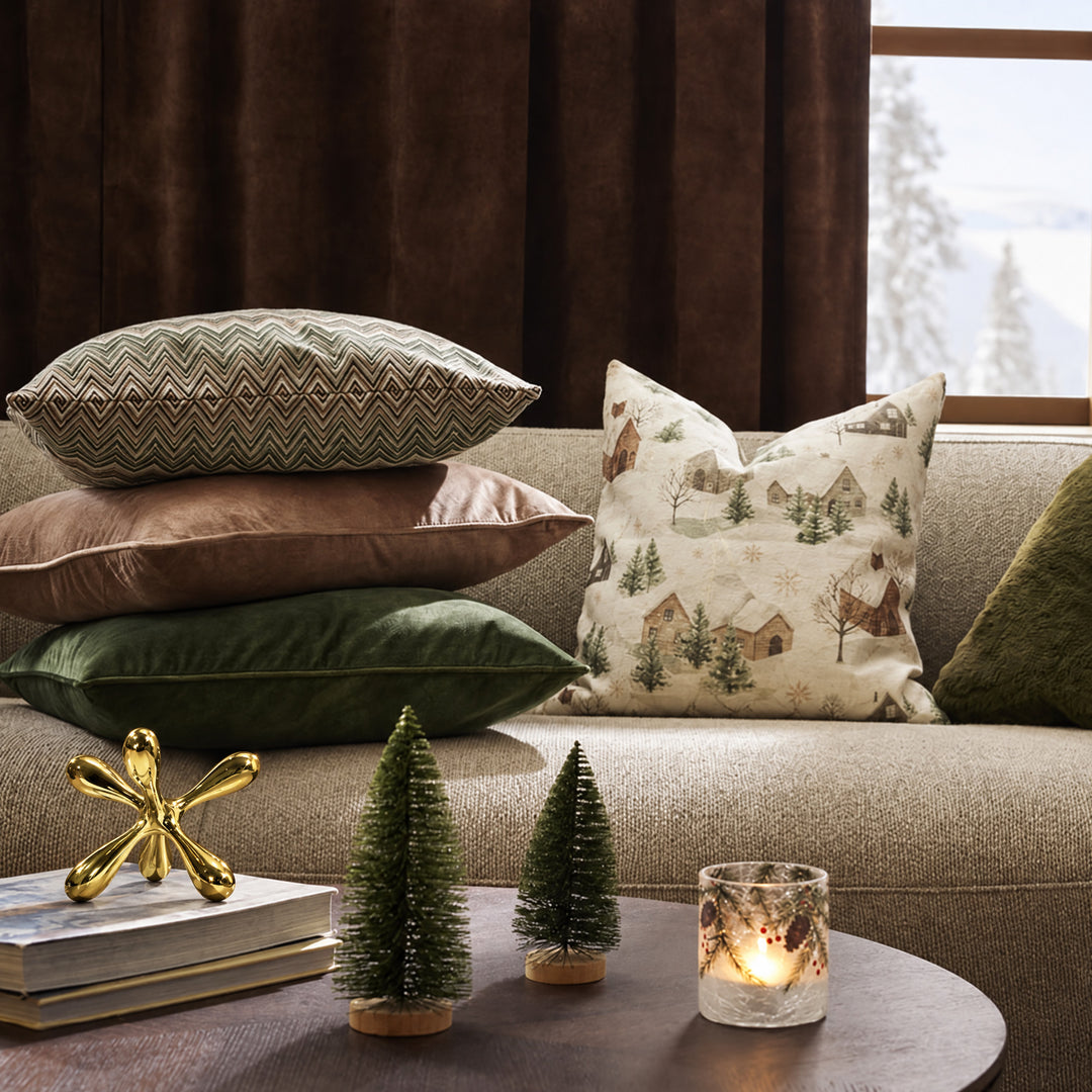 Tali, in warm yellow, sits on stacked books beside a beige sofa, with dark brown curtains behind.