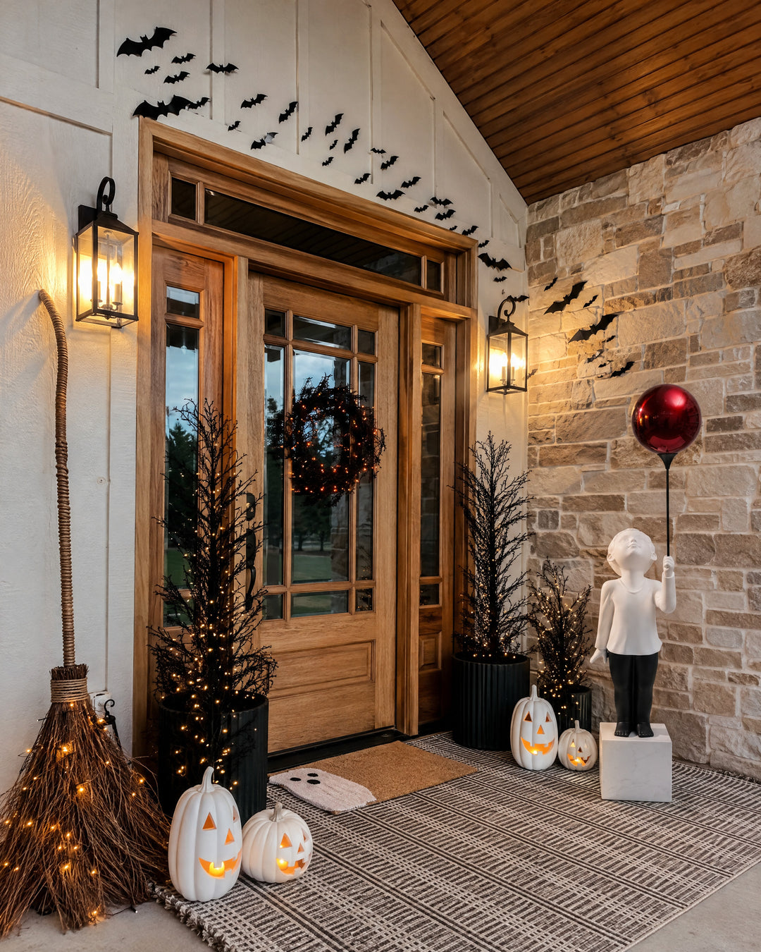 In a stone entryway, AeroCherub carries the red balloon, the red a shade deeper under the warm lamplight.