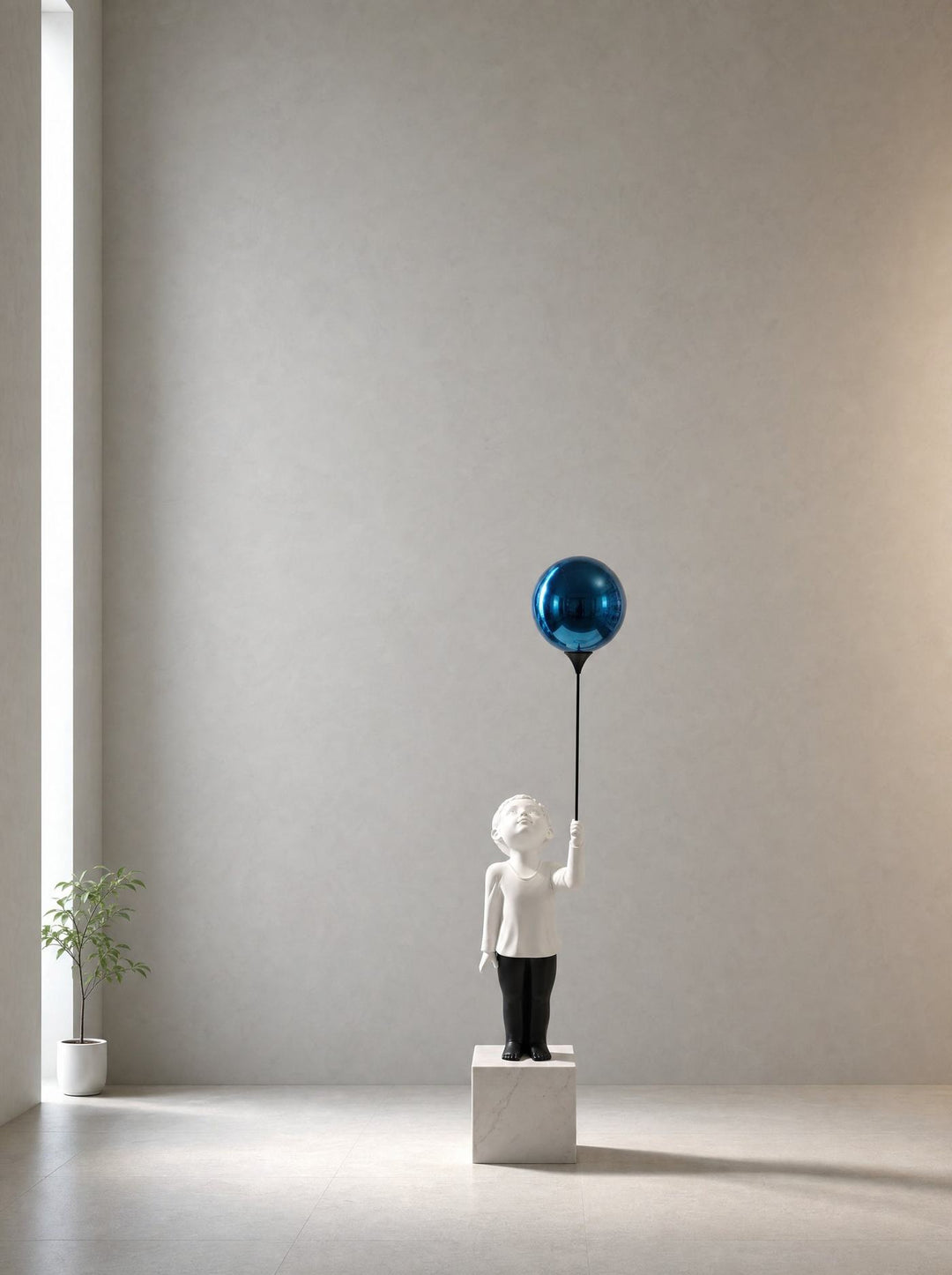 AeroCherub with a blue balloon alone in an empty pale room
