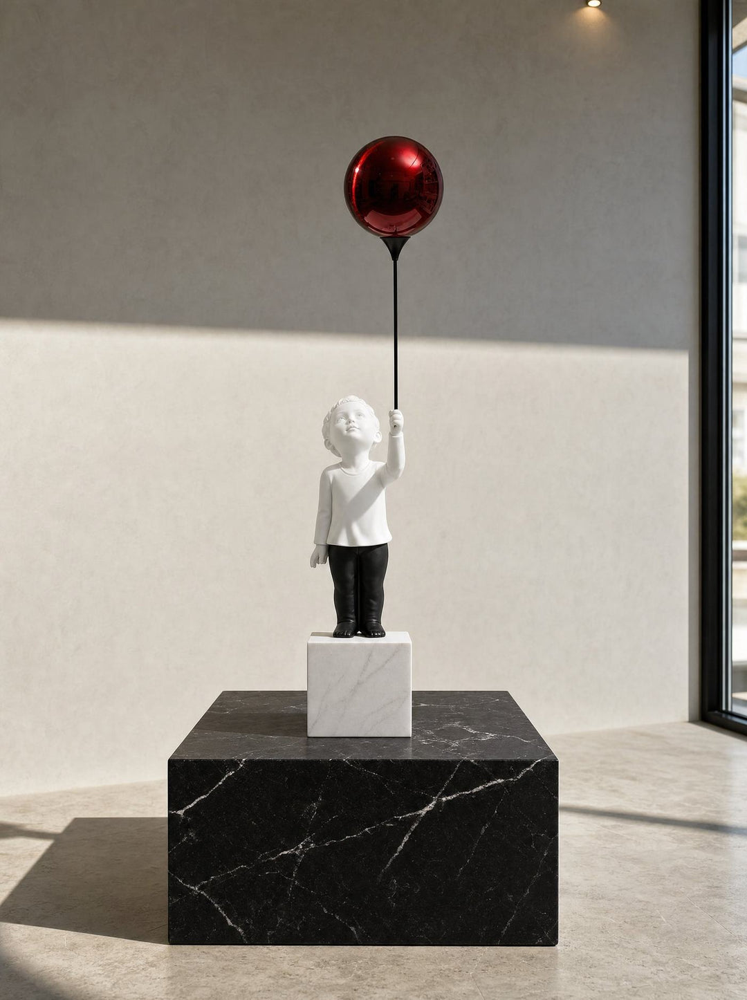 AeroCherub with a red balloon on stacked white and black marble blocks
