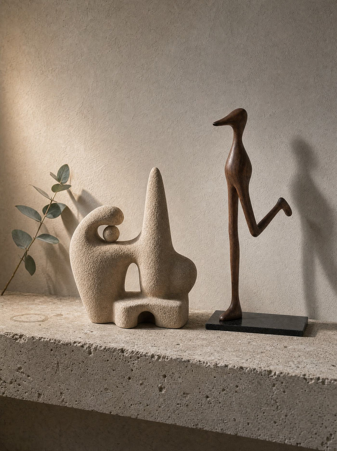 Archetypes sculptures, the pale Keeper and the dark Strider, on a rough stone ledge