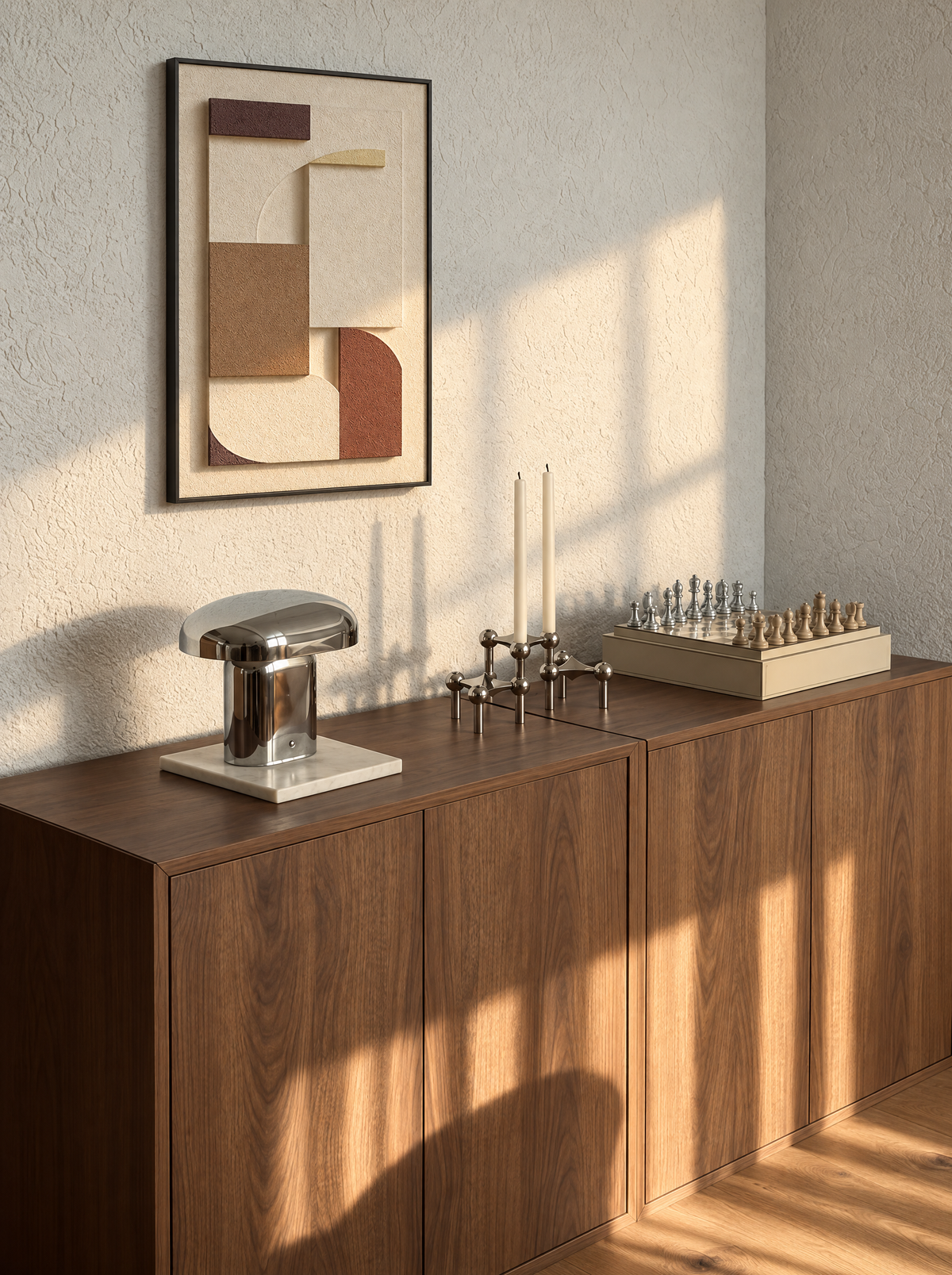 Rilievo wall relief above a sideboard in afternoon light