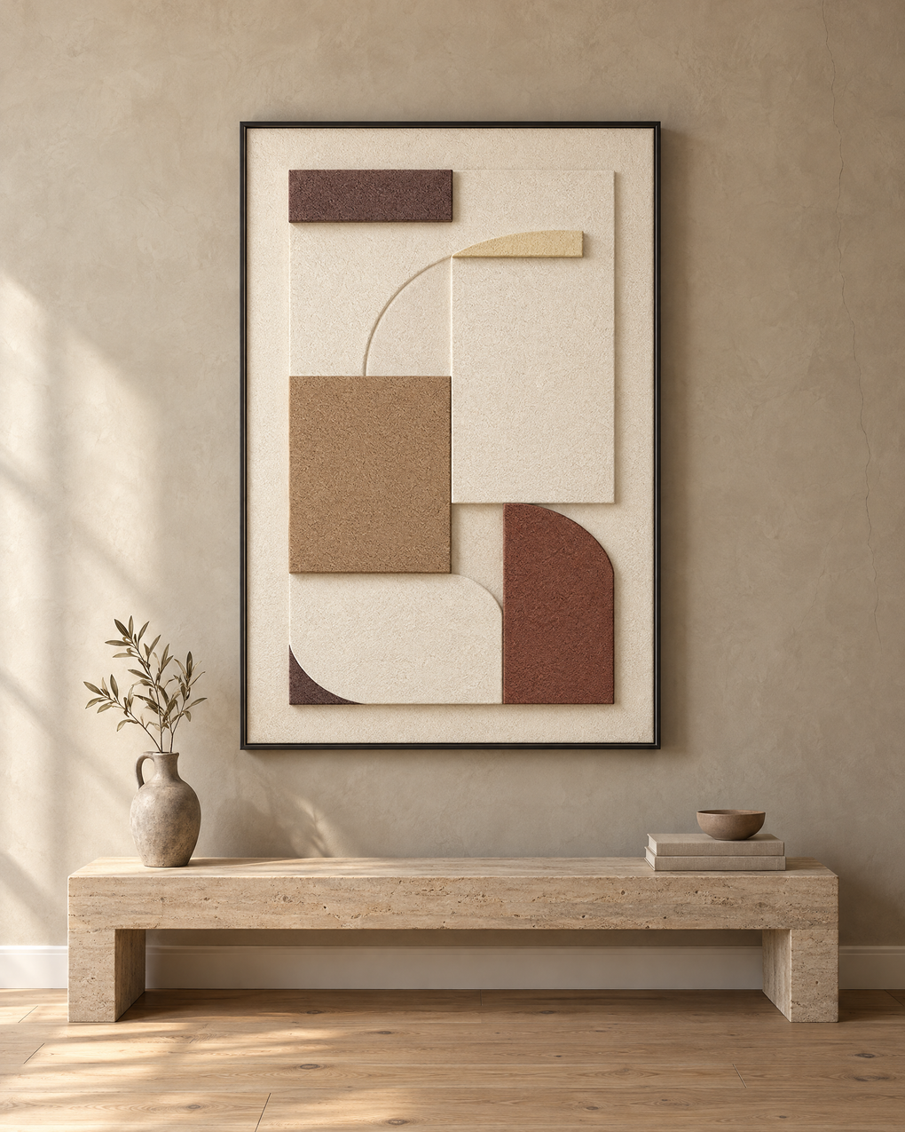 Rilievo wall relief hung above a stone bench