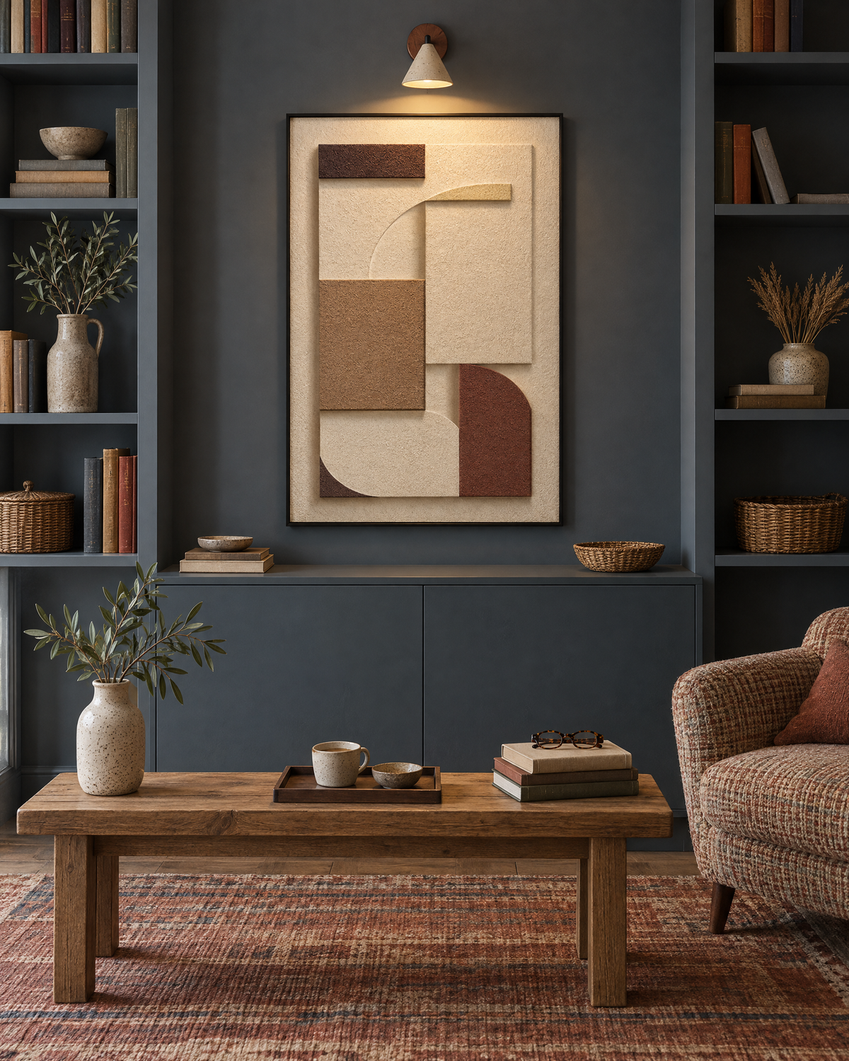 Terra Rilievo wall relief in a niche between blue gray built in bookshelves, lit from above by a Fonte stone wall lamp, with a low wooden table in front