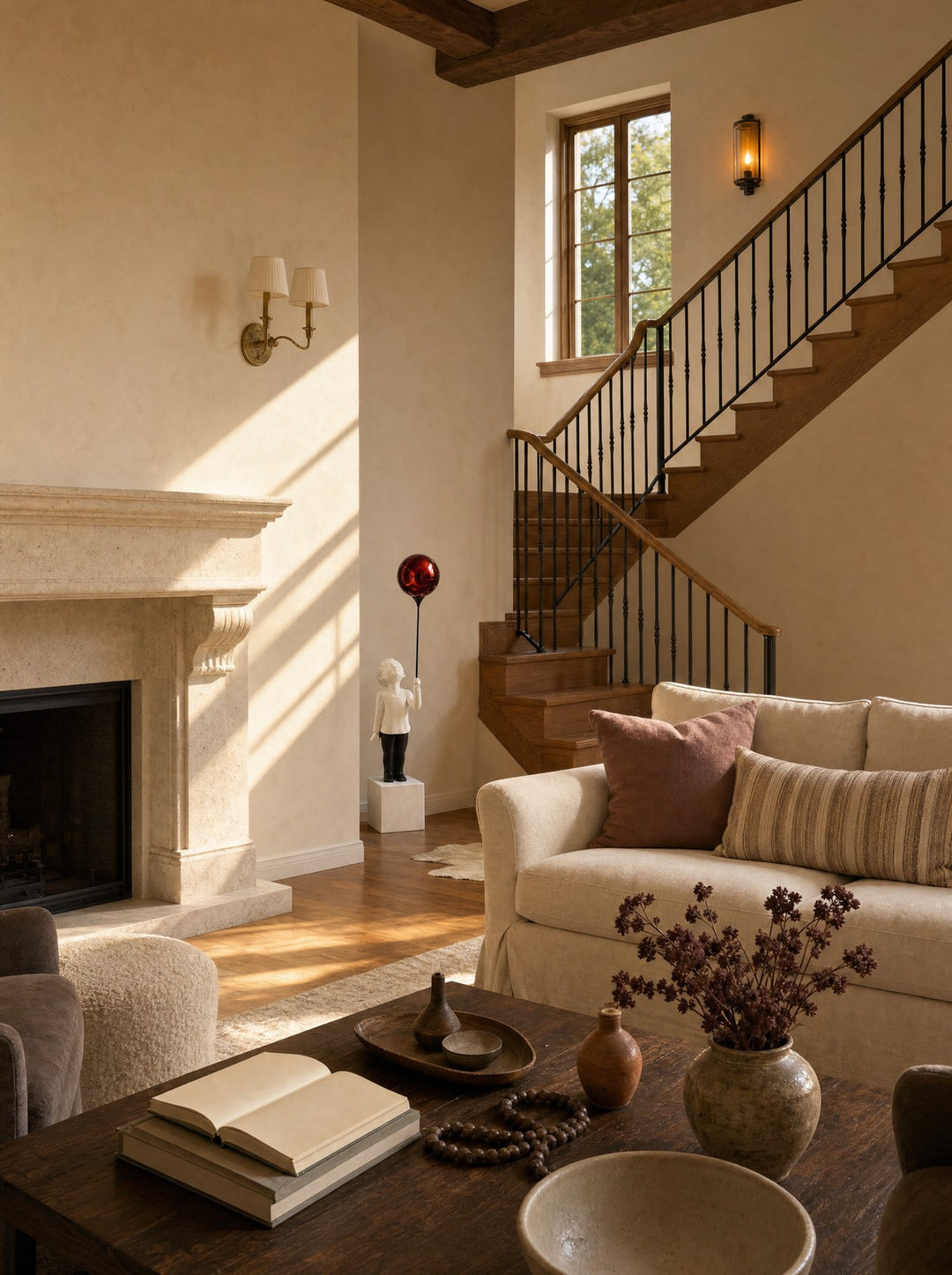 AeroCherub, a large white cherub looking up at a red chrome sphere, standing on a white marble block at the foot of a wood staircase in a double-height hall, with afternoon sun falling in slanted bands across the wall, a bare stone mantel beside it, a cream sofa, and a dark wood coffee table holding an open book on a stack of books and a ceramic vase of dried stems