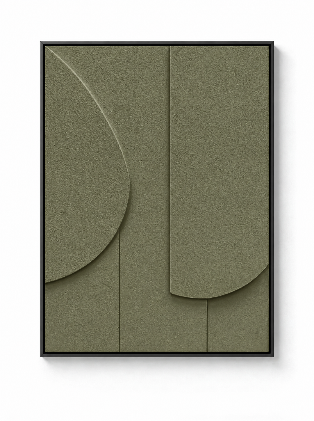 Tinta wall relief in Oliva, a grayed olive green, in a slim black floating frame
