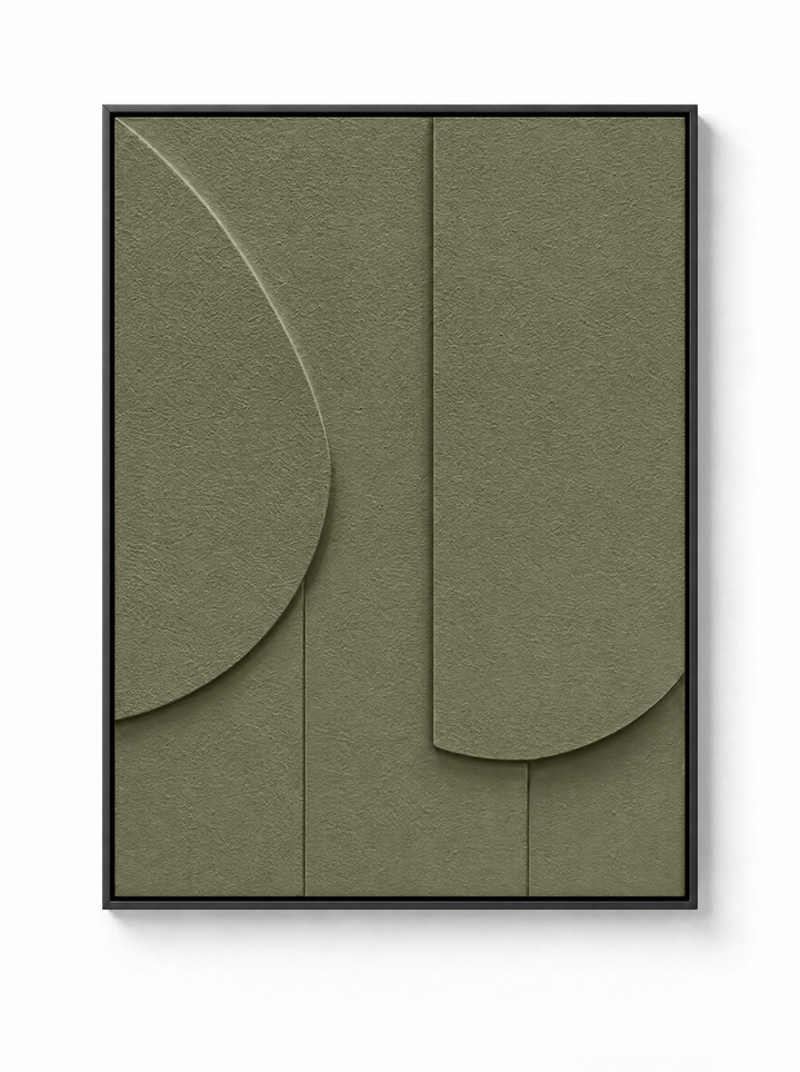 Tinta wall relief in Oliva, a grayed olive green, in a slim black floating frame